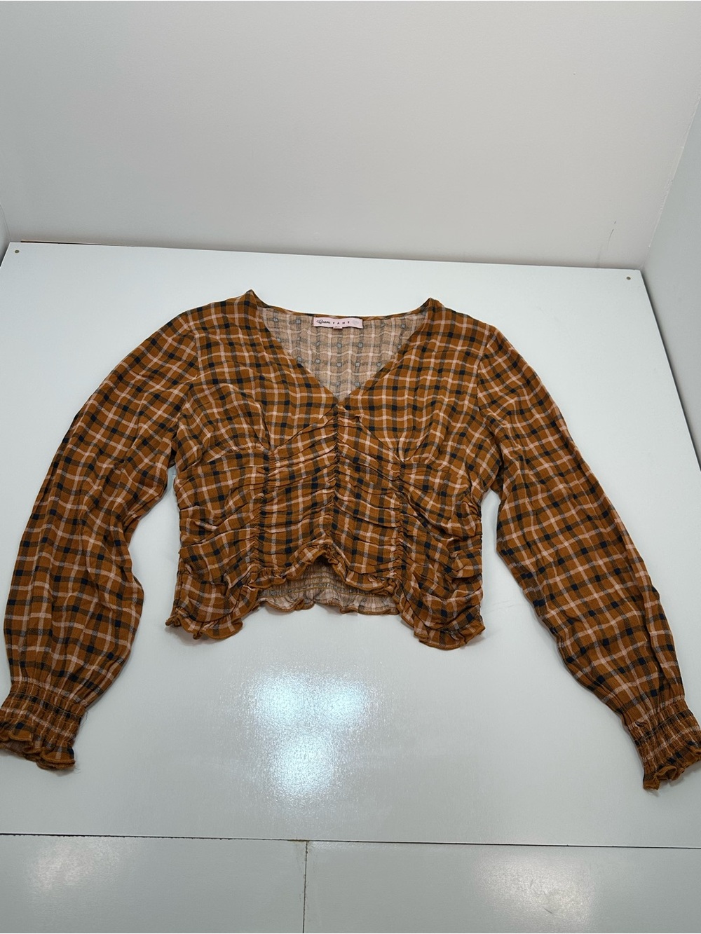 Crave Fame Rust Plaid Ruched V-Neck Crop Top